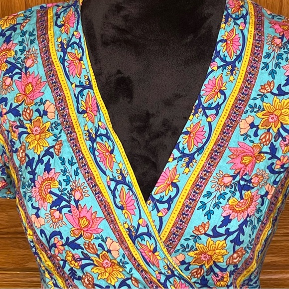 Polly V-Neck Floral‎ Print Ruffle Wrap Mini Dress Blue Pink Bohemian Size 2 - Picture 11 of 16